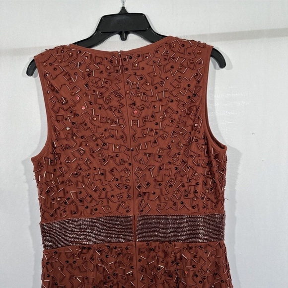 NEW $398 Mac Duggal [ 10 ] Geometric Beaded Midi Cocktail Dress in Brick‎ - Picture 11 of 14
